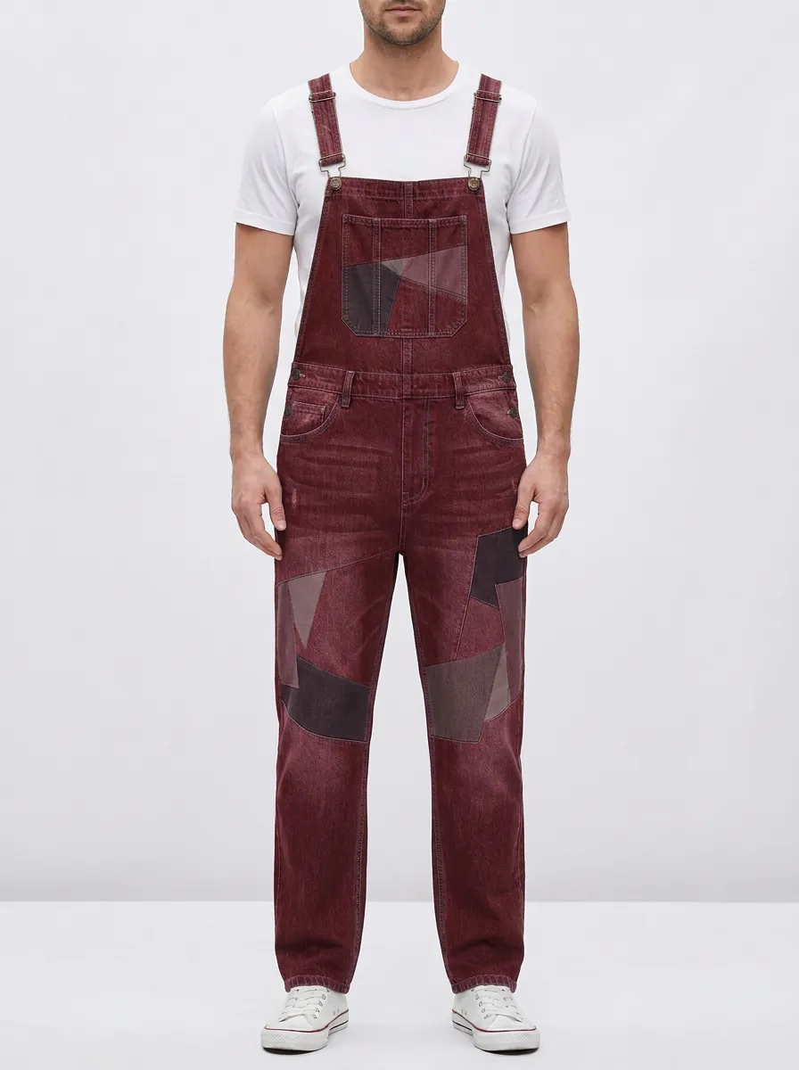 Patchwork Denim Patch Pocket Overalls