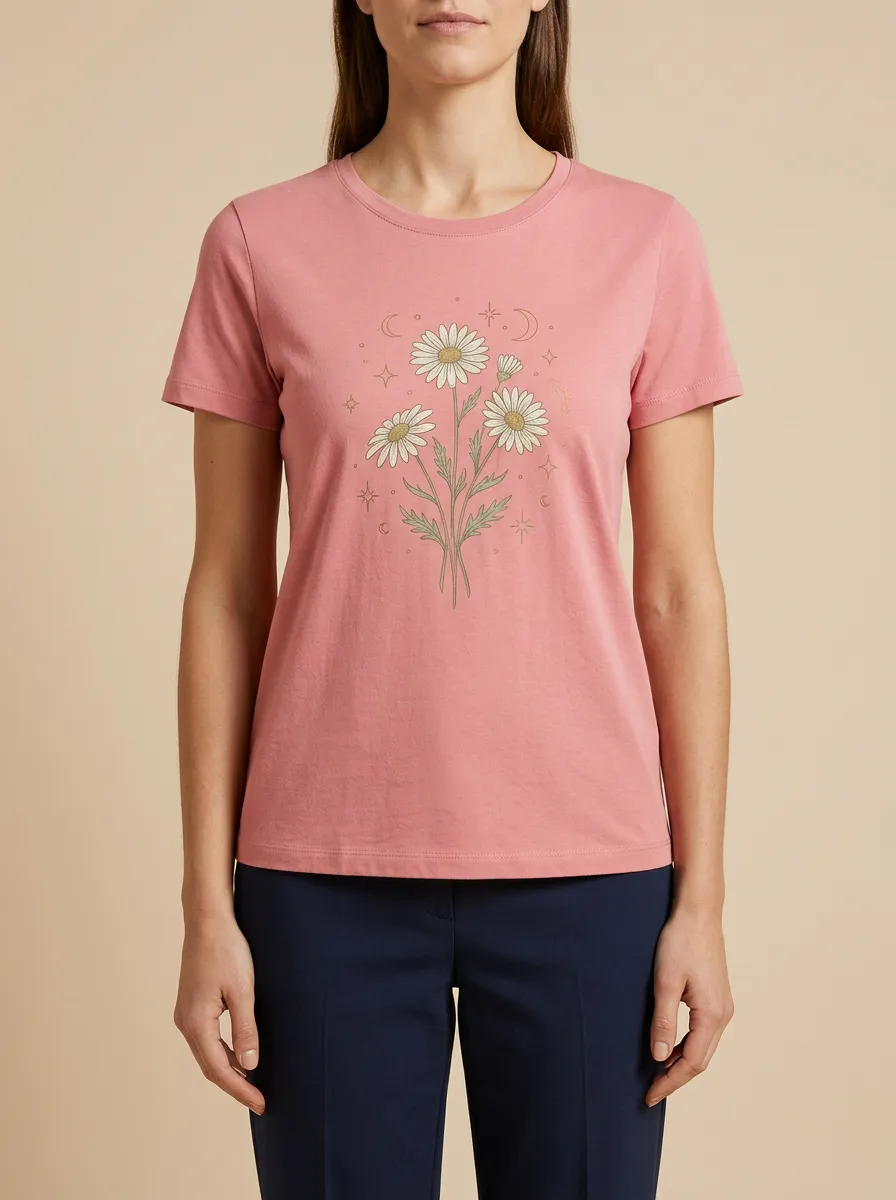 Women's Crew-Neck Graphic Floral Moon T-Shirt