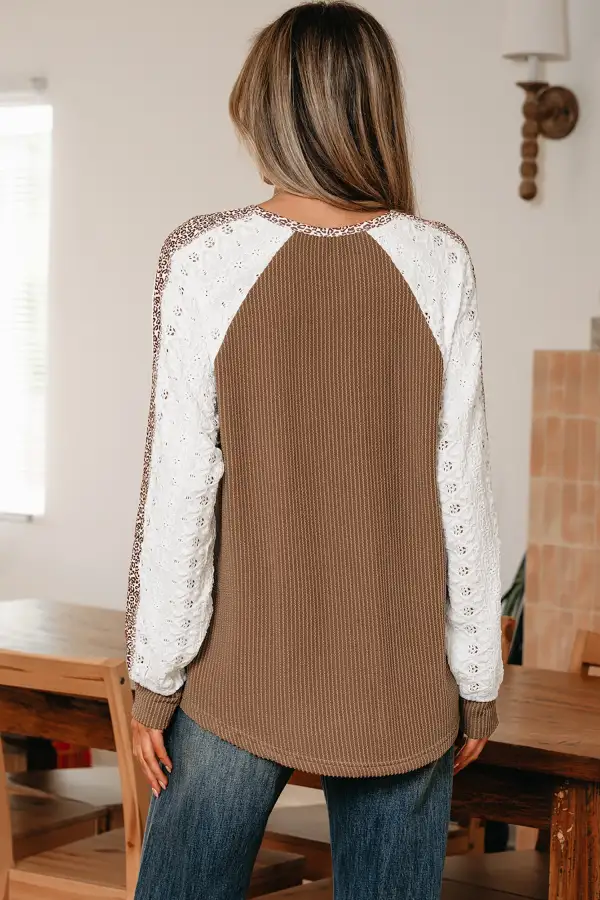 Women's Leopard Print Ribbed Lace Top