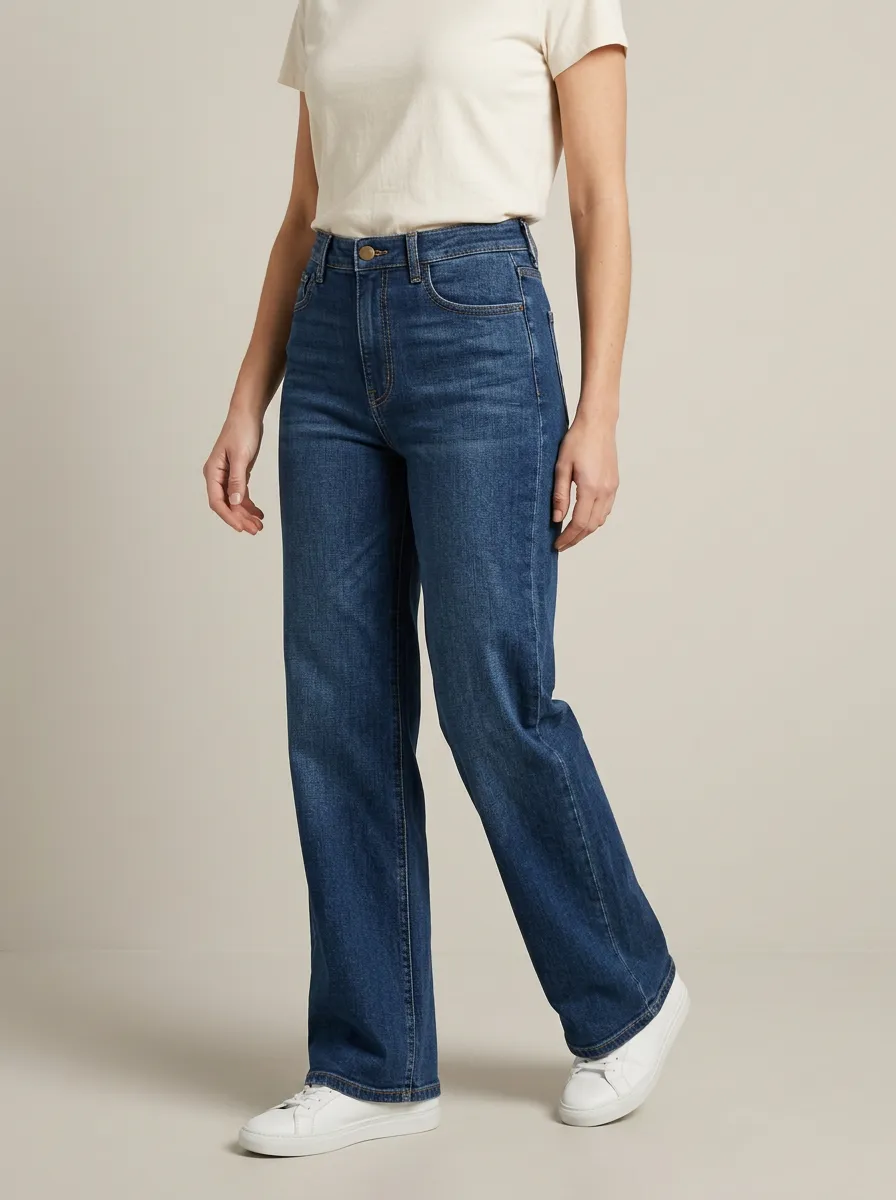 Wide-Leg High-Rise Denim Daily-Wear Denim Jeans