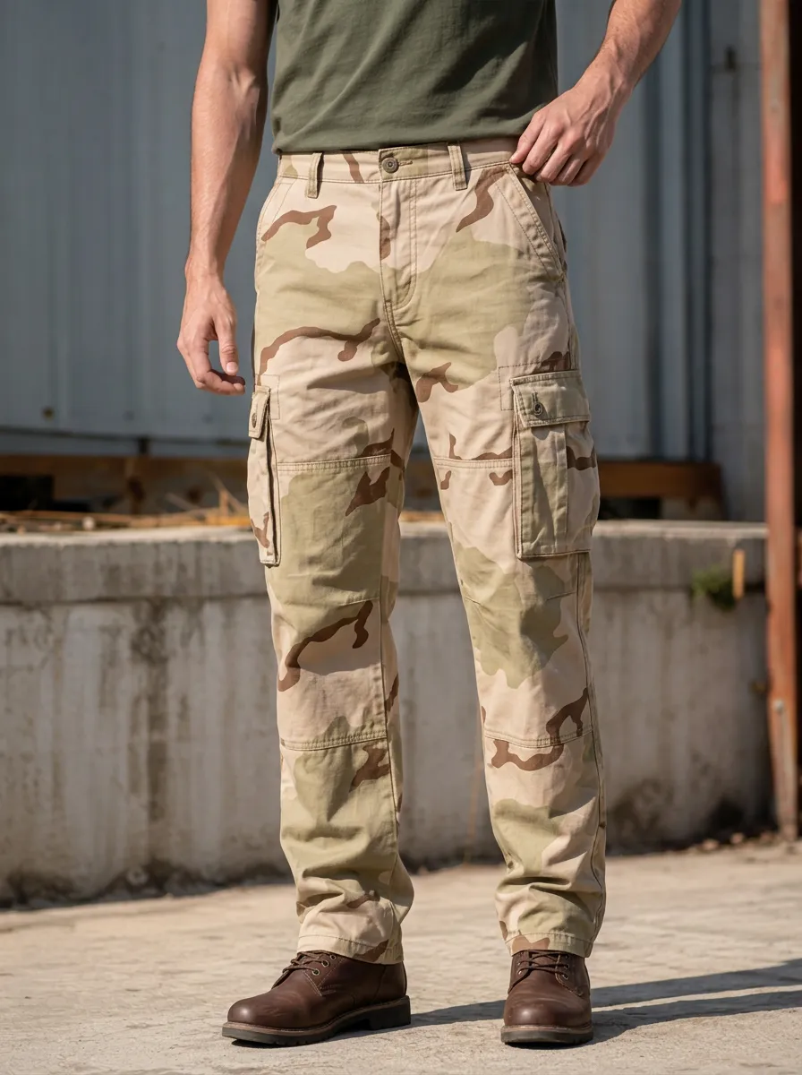 Men's Outdoor Desert Camo Button-Flap Pocket Reinforced Knee Cargo Pants