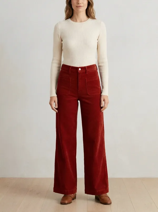 Women's Casual Vintage Wide Leg Patch Pocket Corduroy Pants