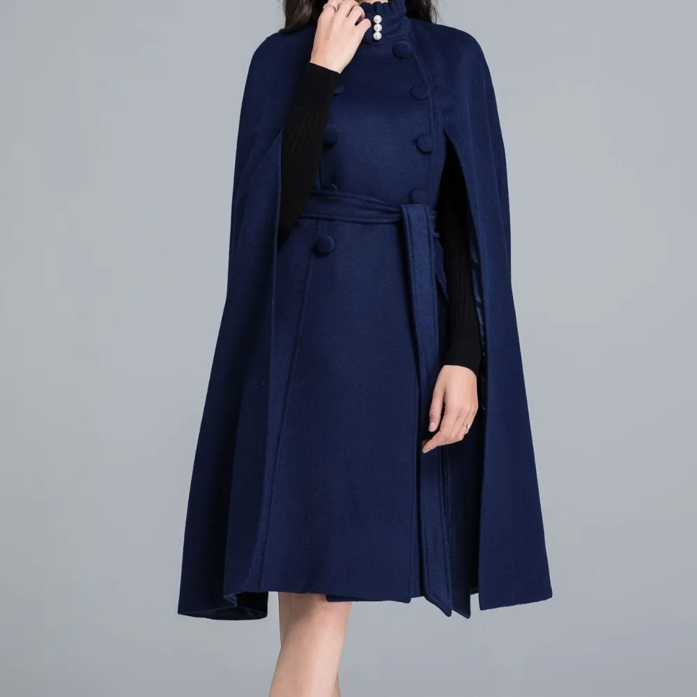 Wool Blend Cape Double Breasted Stand Collar Ruffle Trim Coat
