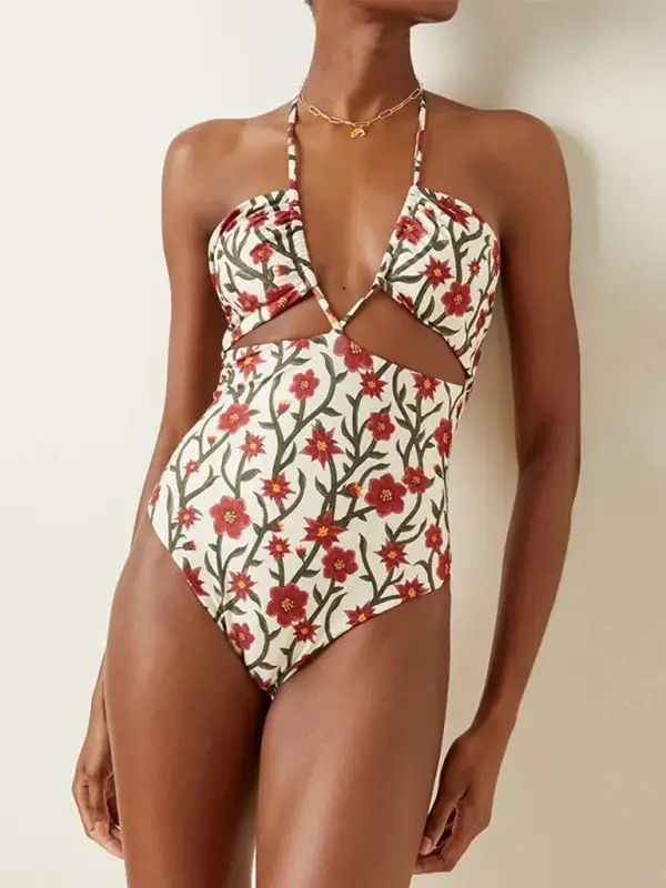 Hollow Lace Halterneck Skirted Gauze Swim Dress