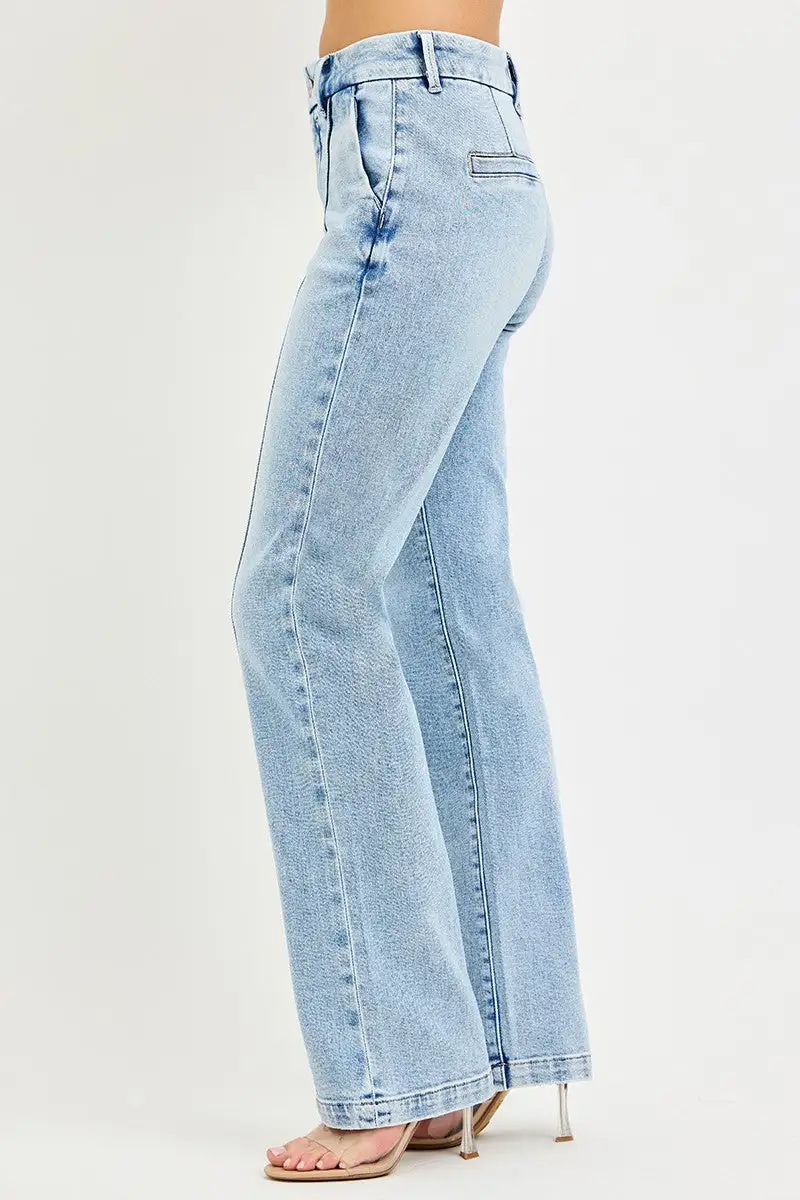 High Rise Pintuck Straight Leg Jeans