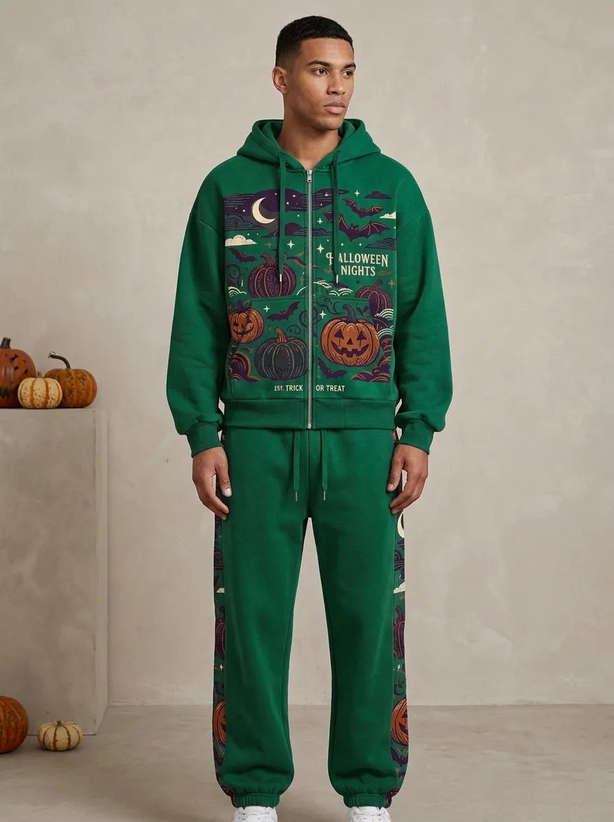 Men's Halloween Pumpkin Bat Printed Zip Hoodie Jogger Set