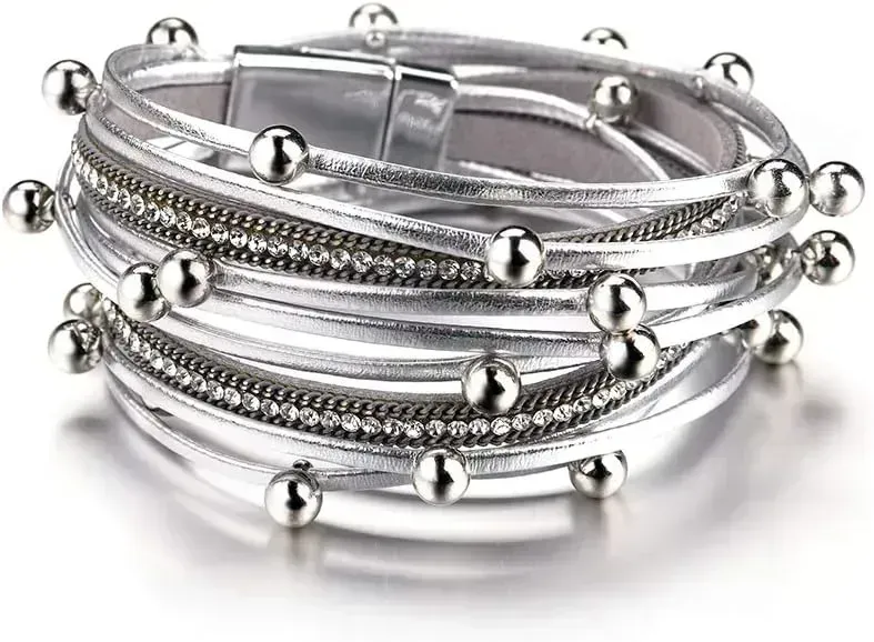 Fesciory Leather Wrap Bracelets for Women, Boho Leopard Multi-Layer Crystal Beads Cuff Bracelet Jewelry
