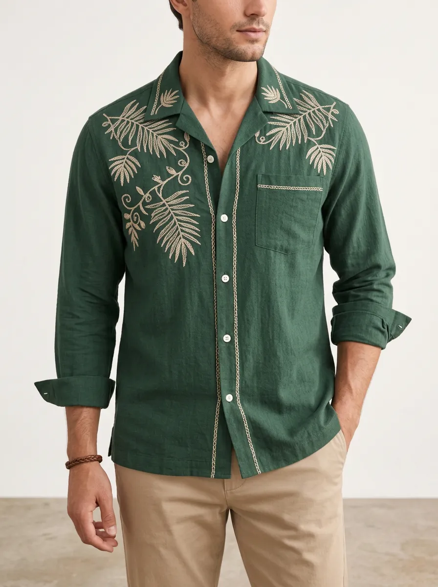 Men's Resort Inspired Botanical Embroidered Linen Shirt