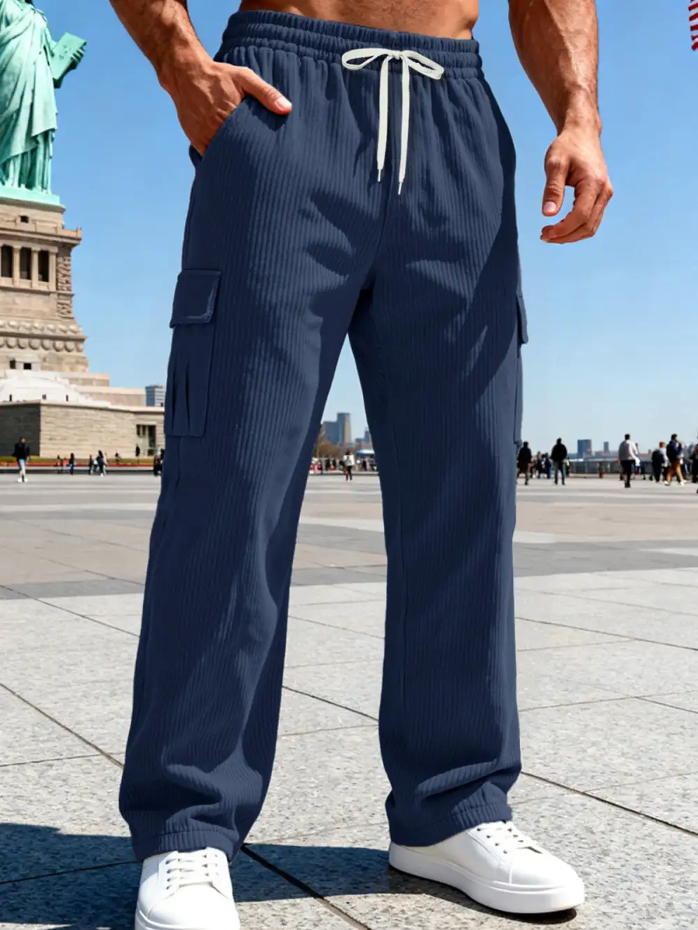 Men's Knitted Cargo Pants Waistband Pockets Cargo Pants