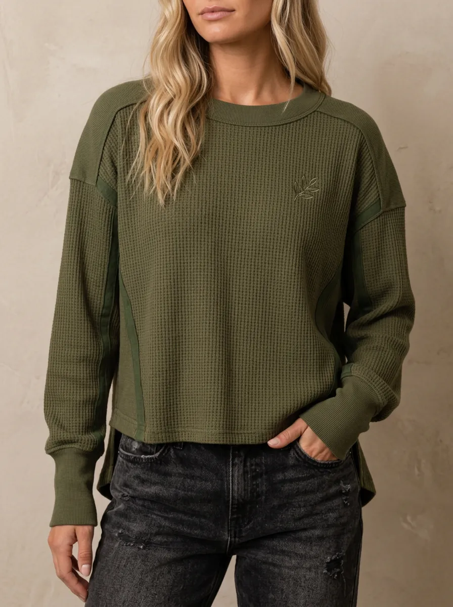 Textured Casual Waffle Knit Leaf Embroidered Long Sleeve Top