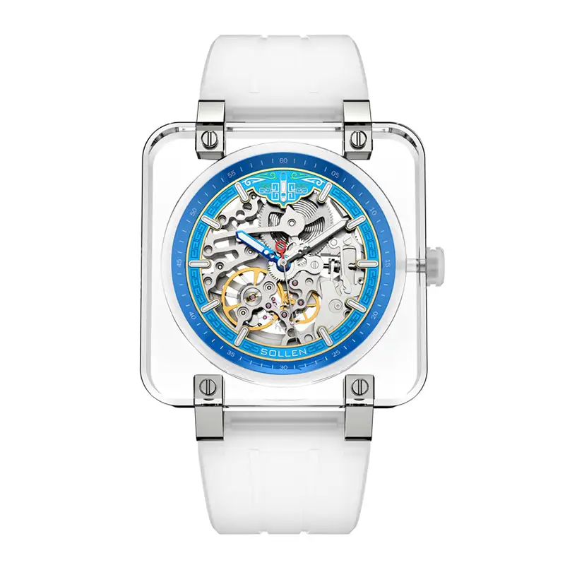 Sollen SL325 Men's Square Skeleton Automatic Mechanical Watch - 42mm Transparent K9 Crystal Case Open Heart Luminous Dial Liquid Silicone Strap Wristwatch