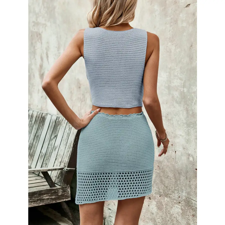 Button Up Sleeveless Top and Drawstring Skirt Set