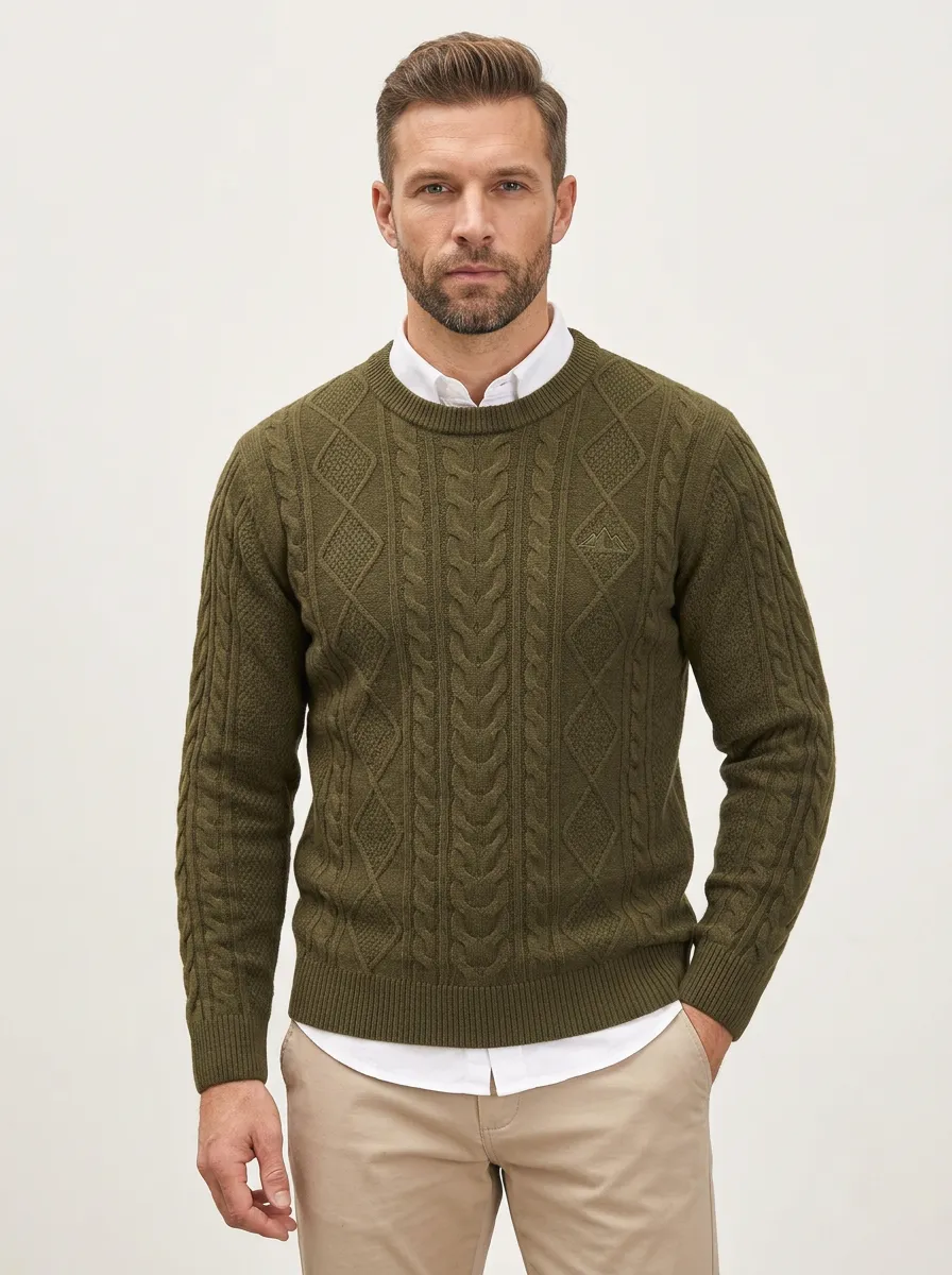 Men's Olive Green Cable Knit Sweater