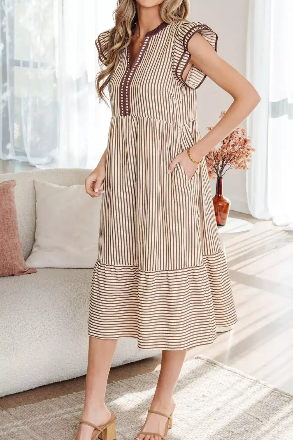 Striped V Neck Tiered Dress Casual