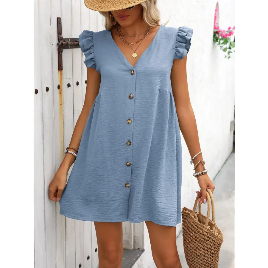 Button Up V-Neck Cap Sleeve Mini Dress