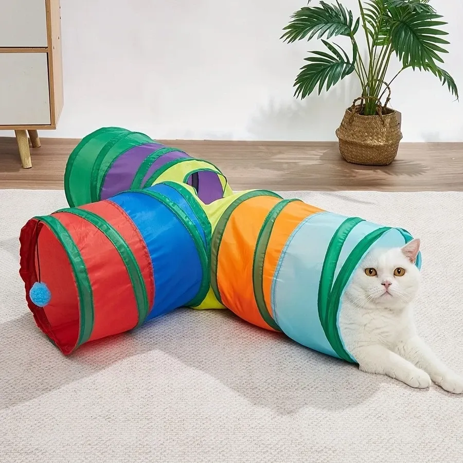 Foldable Rainbow Cat Tunnel Pet Toys With Hanging Balls Dog Toy Mainan Kucing Terowong