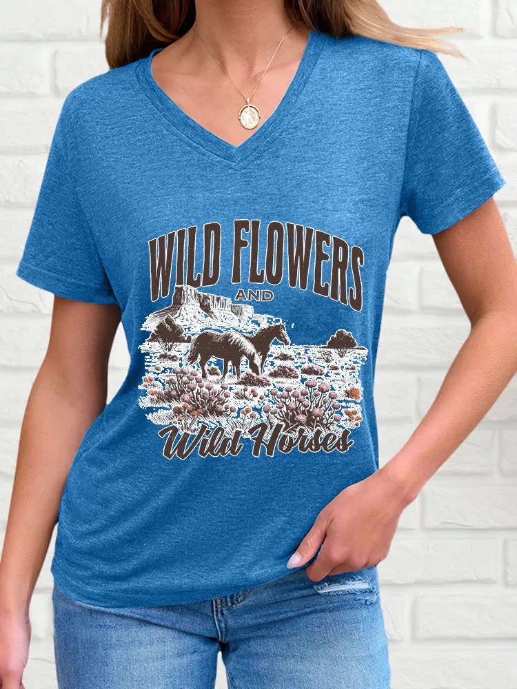 Woman's Wild Flowers And Wild Horses V-Neck And Short Sleeves T-Shirt