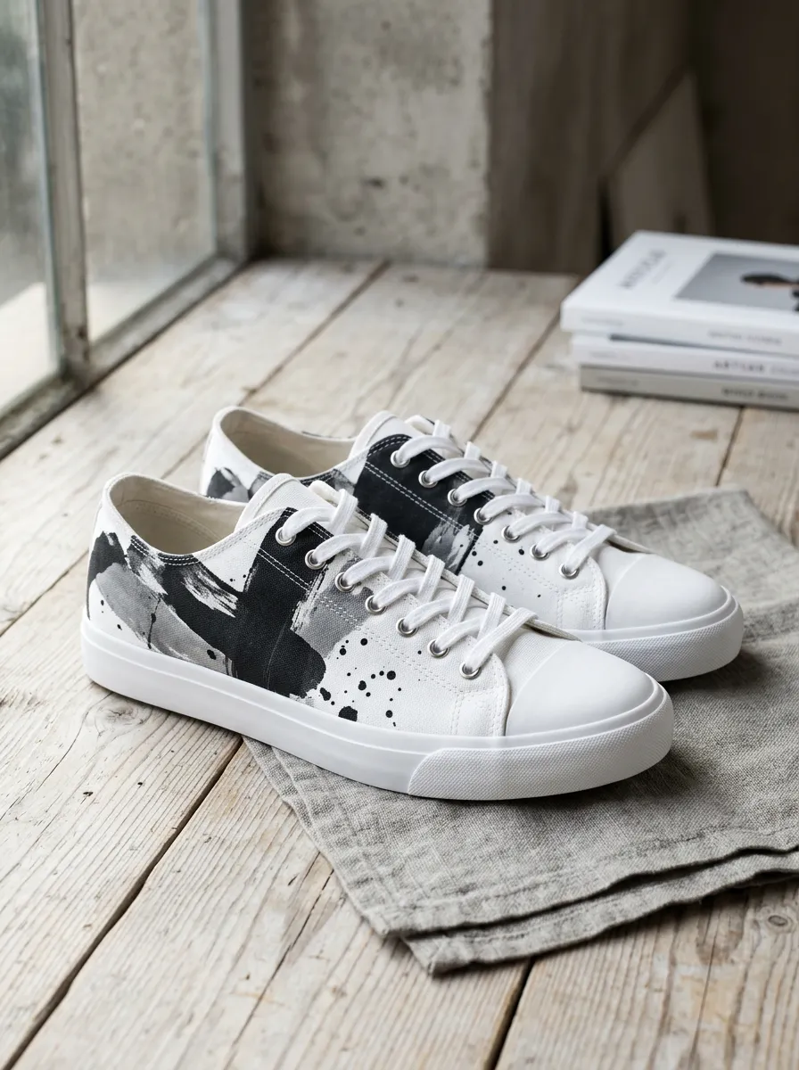 Men's Abstract Ink Splash Black White Printed Canvas Shoes