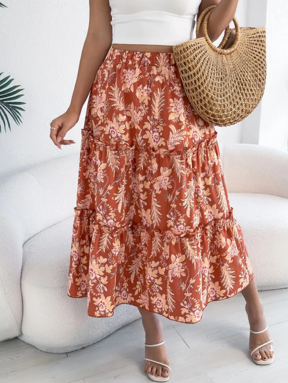 Print Ruffle Hem Flowy Midi Skirt