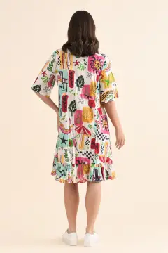 Knee-Length Abstract Cotton Pocket V-Neck Half-Sleeve A-Line Dress