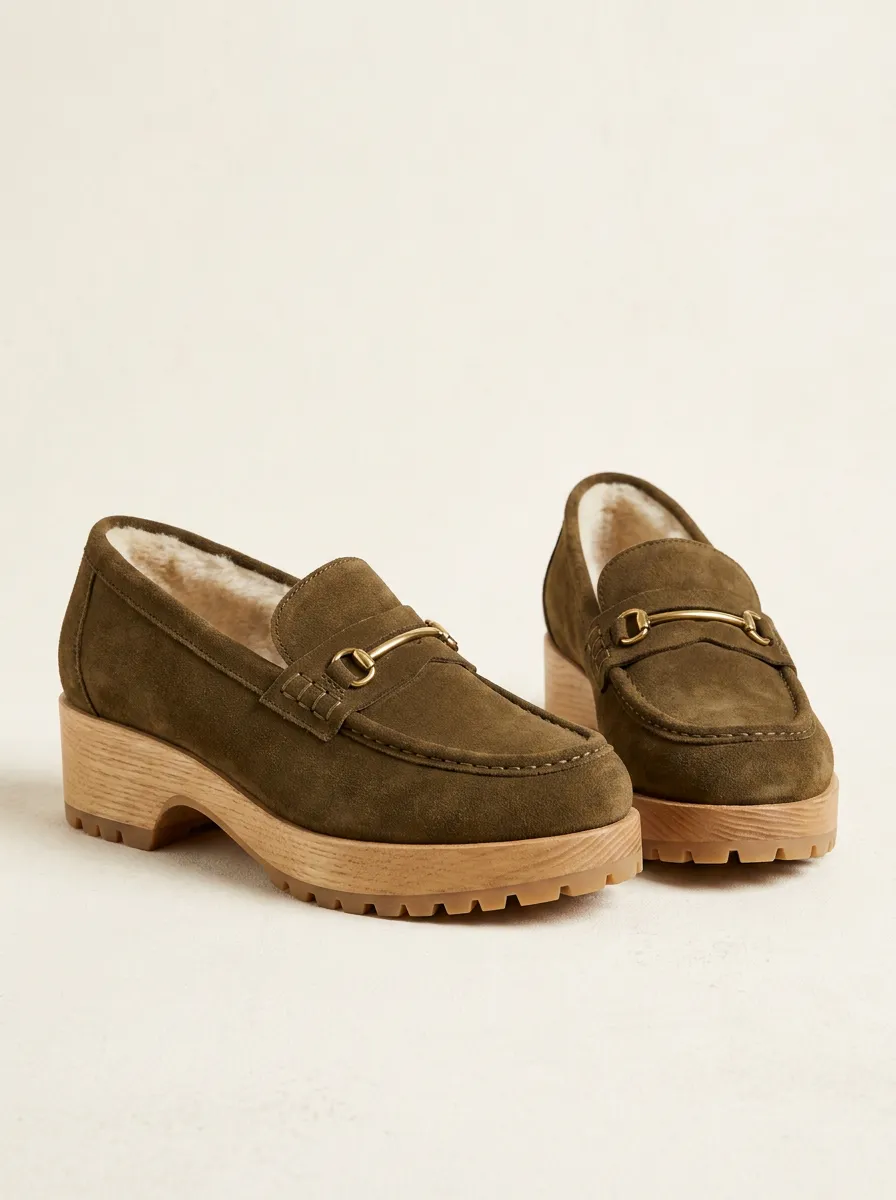Horsebit Suede Wood Platform Clog Loafers