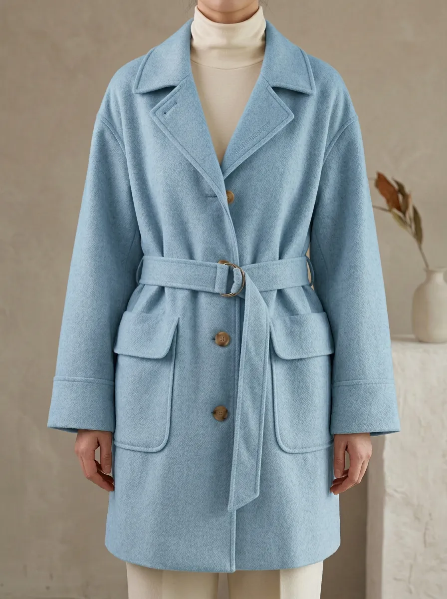 Notched Lapel Wool Blend Belted Trench Coat