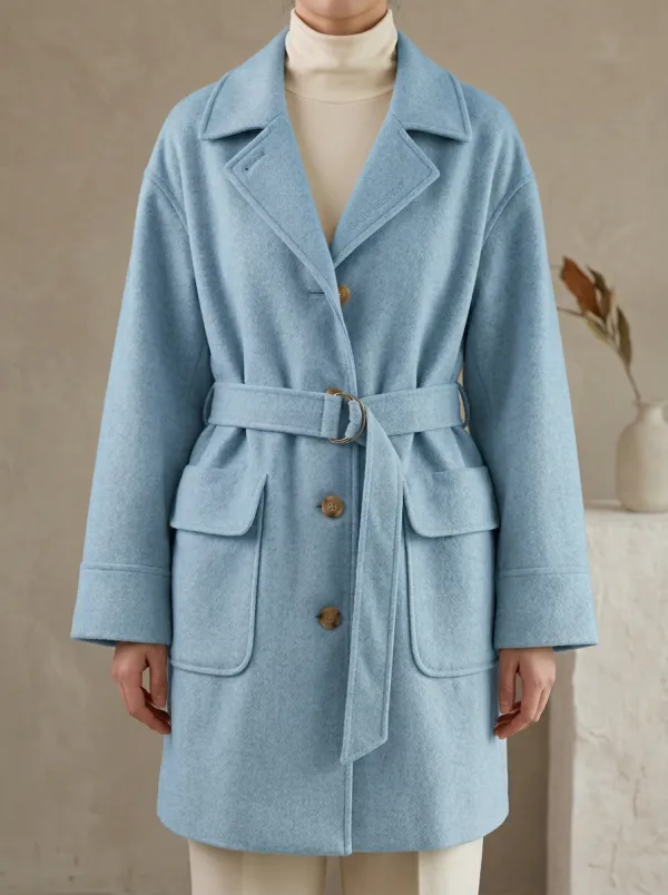 Notched Lapel Wool Blend Belted Trench Coat