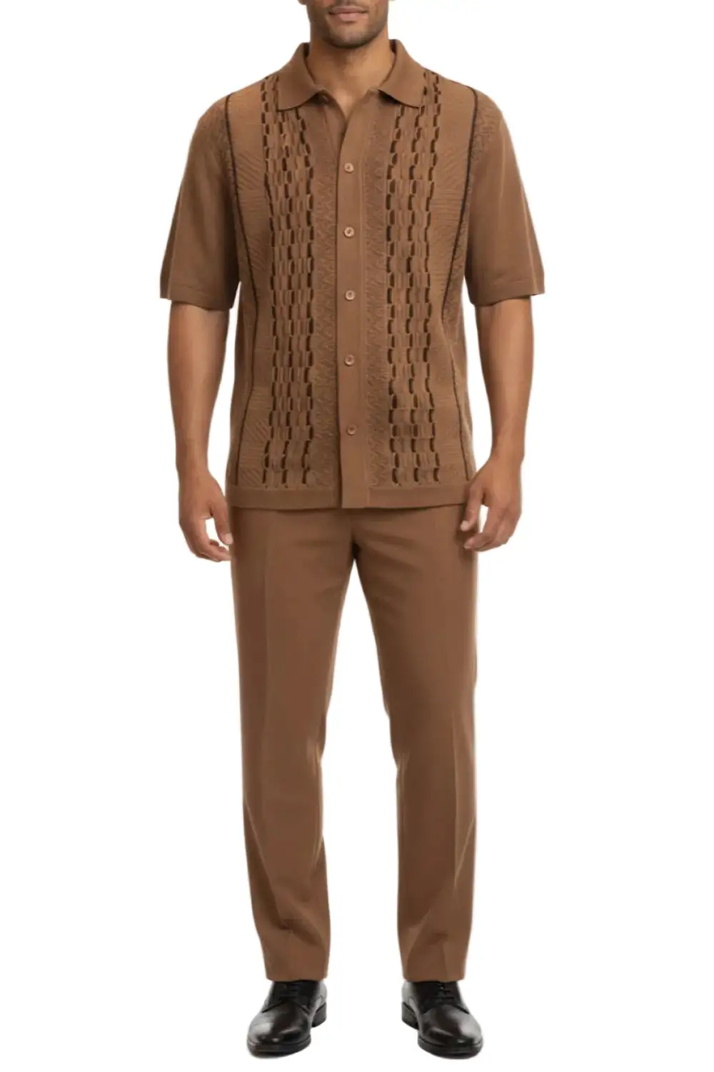 Taupe Relaxed Fit Textured Short Sleeve Walking Suit Set