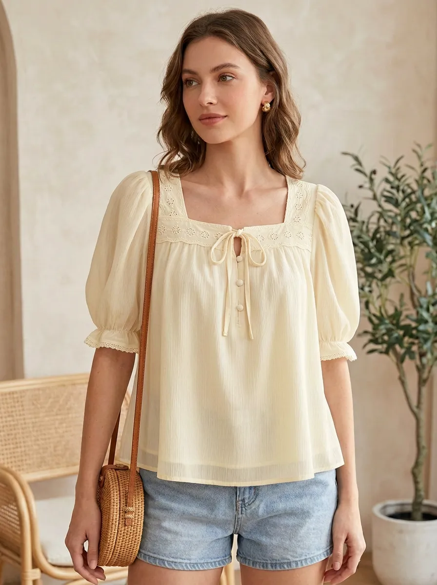 Embroidered Eyelet Button-Front Women's Puff-Sleeve Blouse