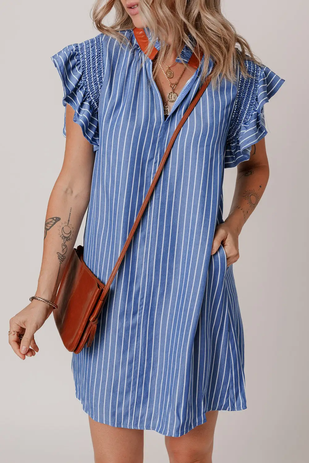 Laidback Striped Ruffle Trim Shirred Mini Dress