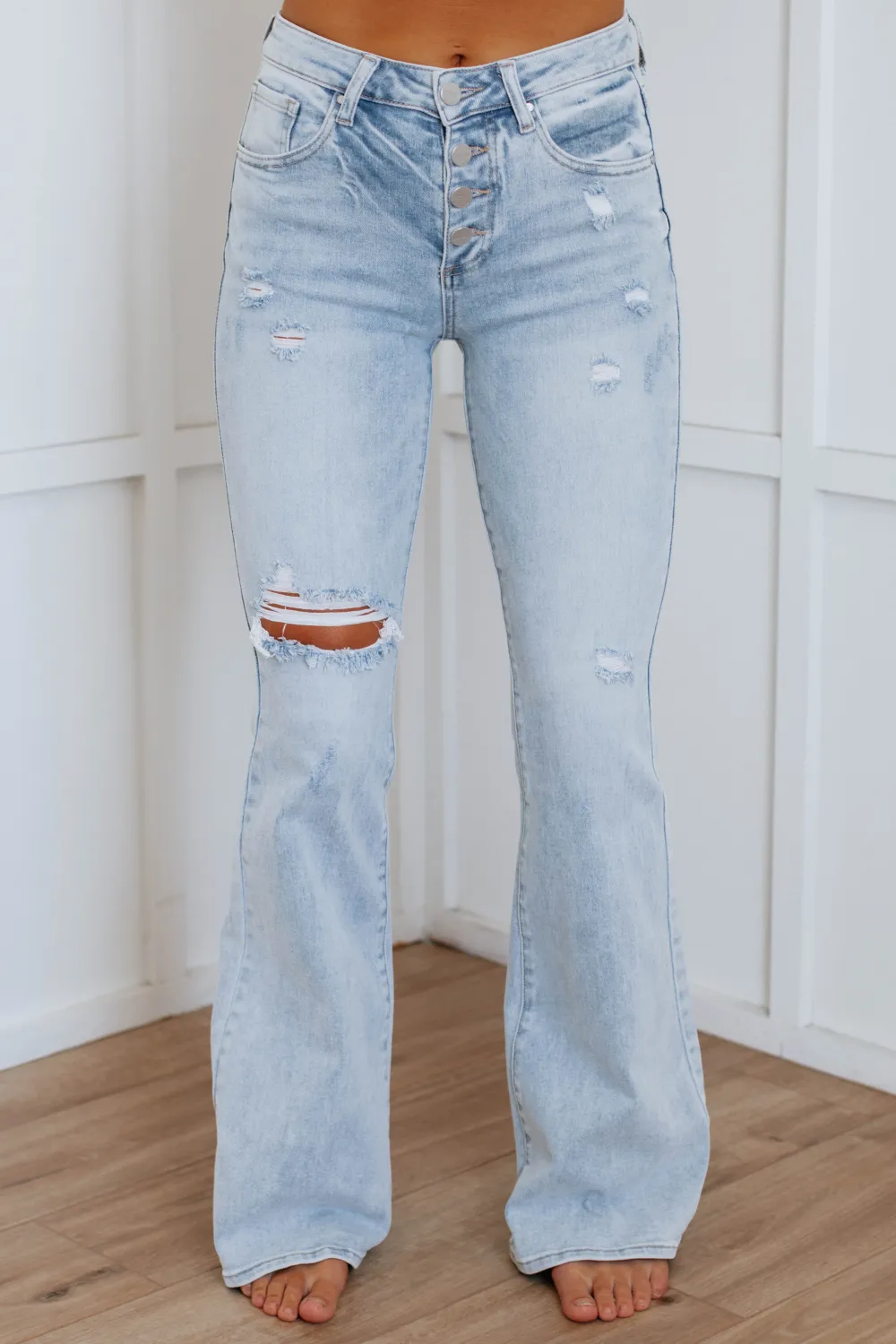 Women's Mid Rise Flared Leg Distressed Jeans