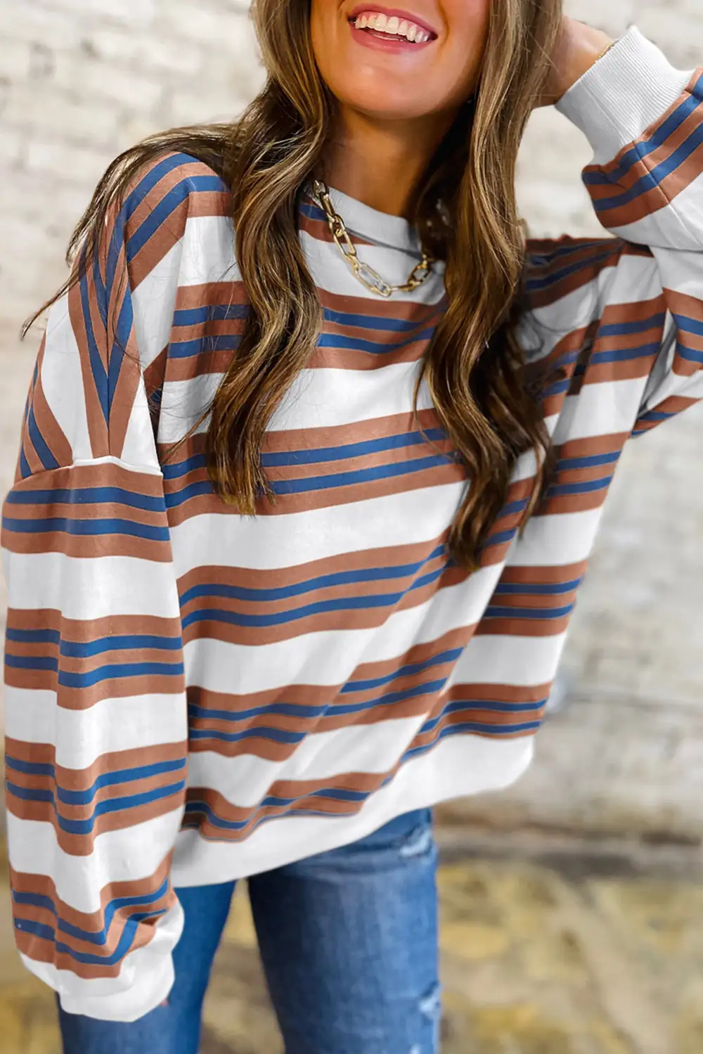 Striped Drop Shoulder Crewneck Sweatshirt