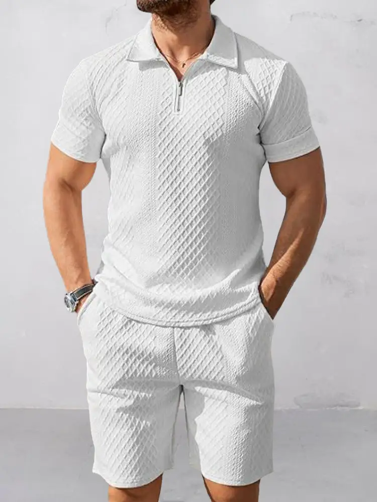 Trendy Textured Polo Shorts Outfit Two Piece Set