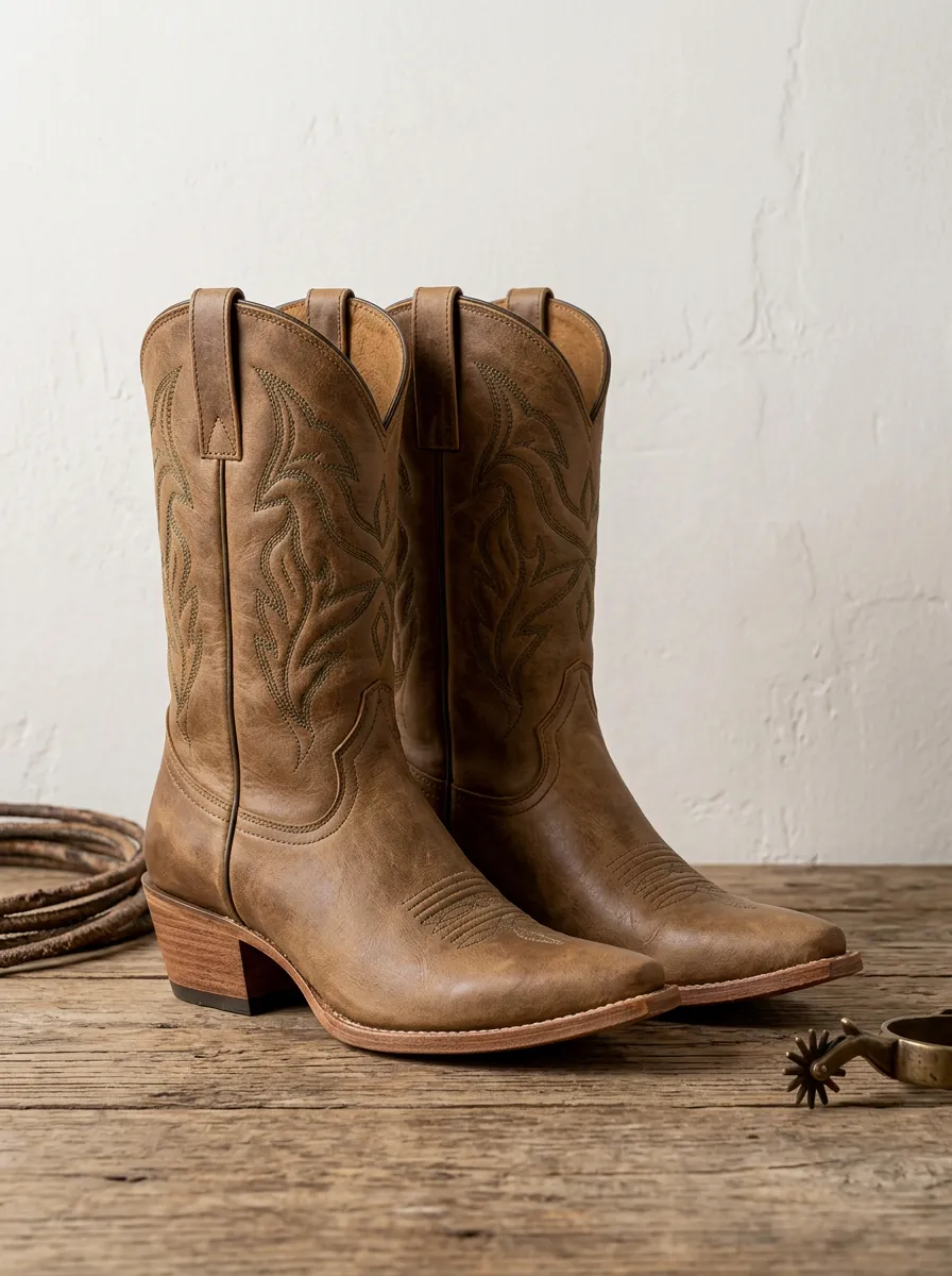 Unisex Western Cowboy Embroidered Brown Leather Boots