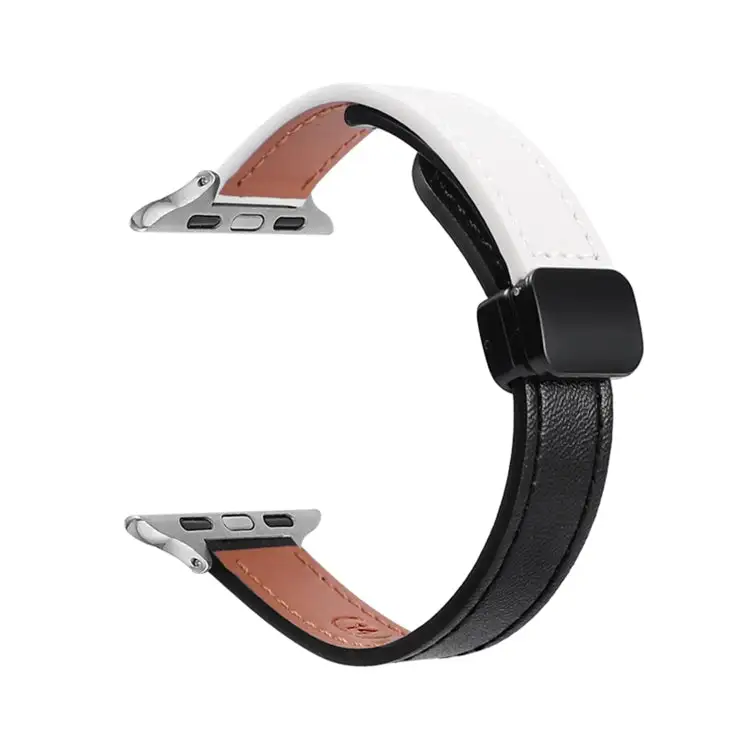 Slim Magnetic Buckle Genuine Leather Watch Band for Watch Series 9 41 mm - Plain Black Beige