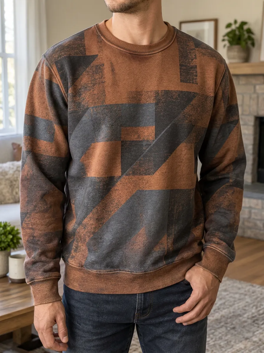 Men's Geometric Pattern Brown Black Printed Fleece Sweatshirt
