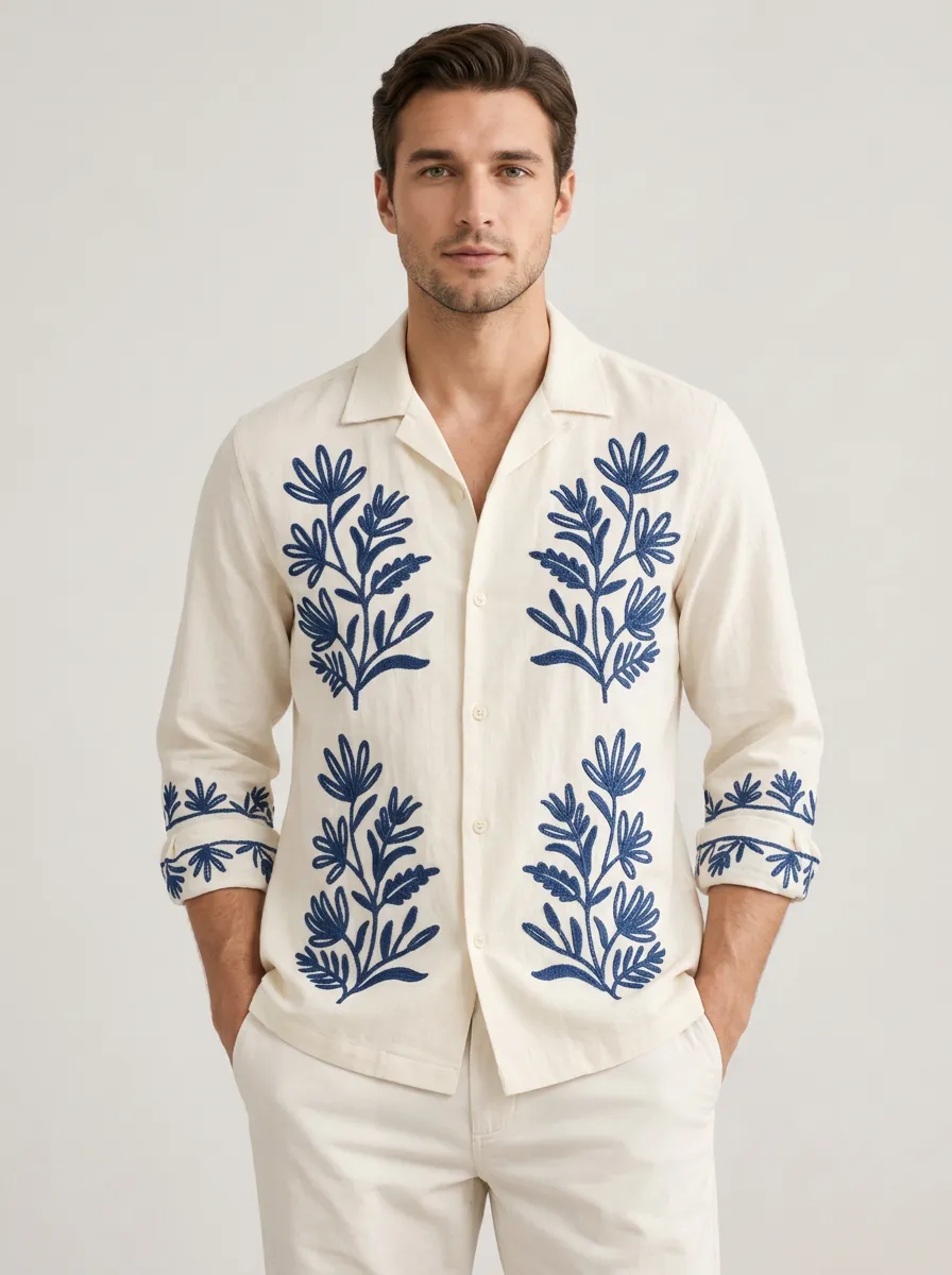 Men's Floral Boho Relaxed Embroidered Shirt