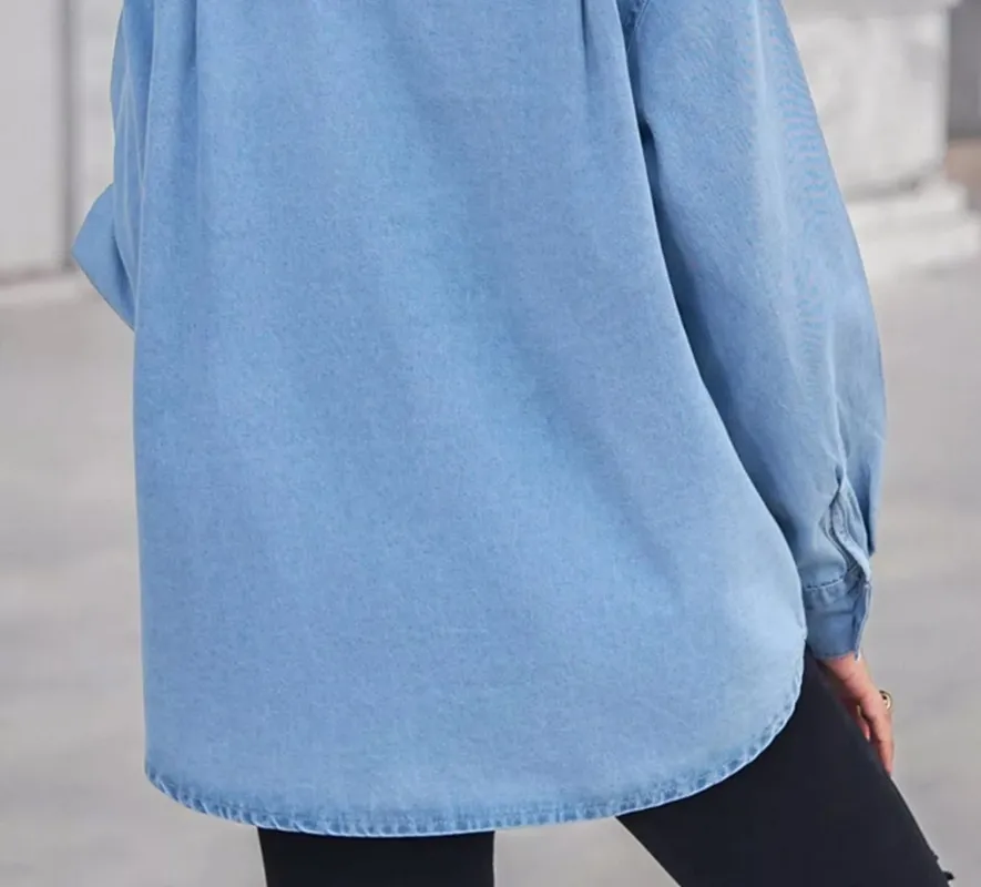 Button-Down Washed Denim Shirt with Chest Pockets