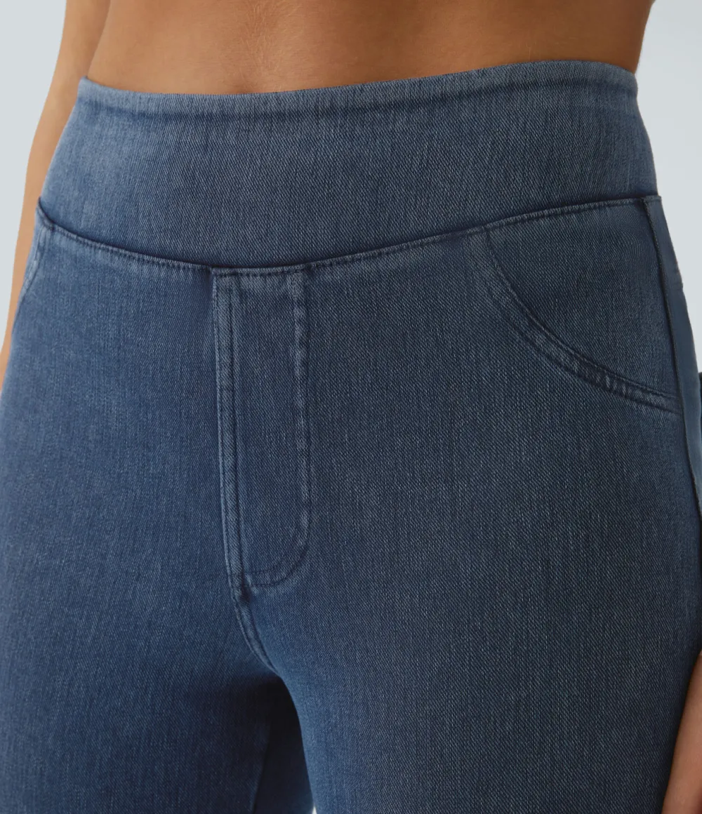 Magic High Waisted Back Side Pocket Stretchy Knit Denim Casual Leggings