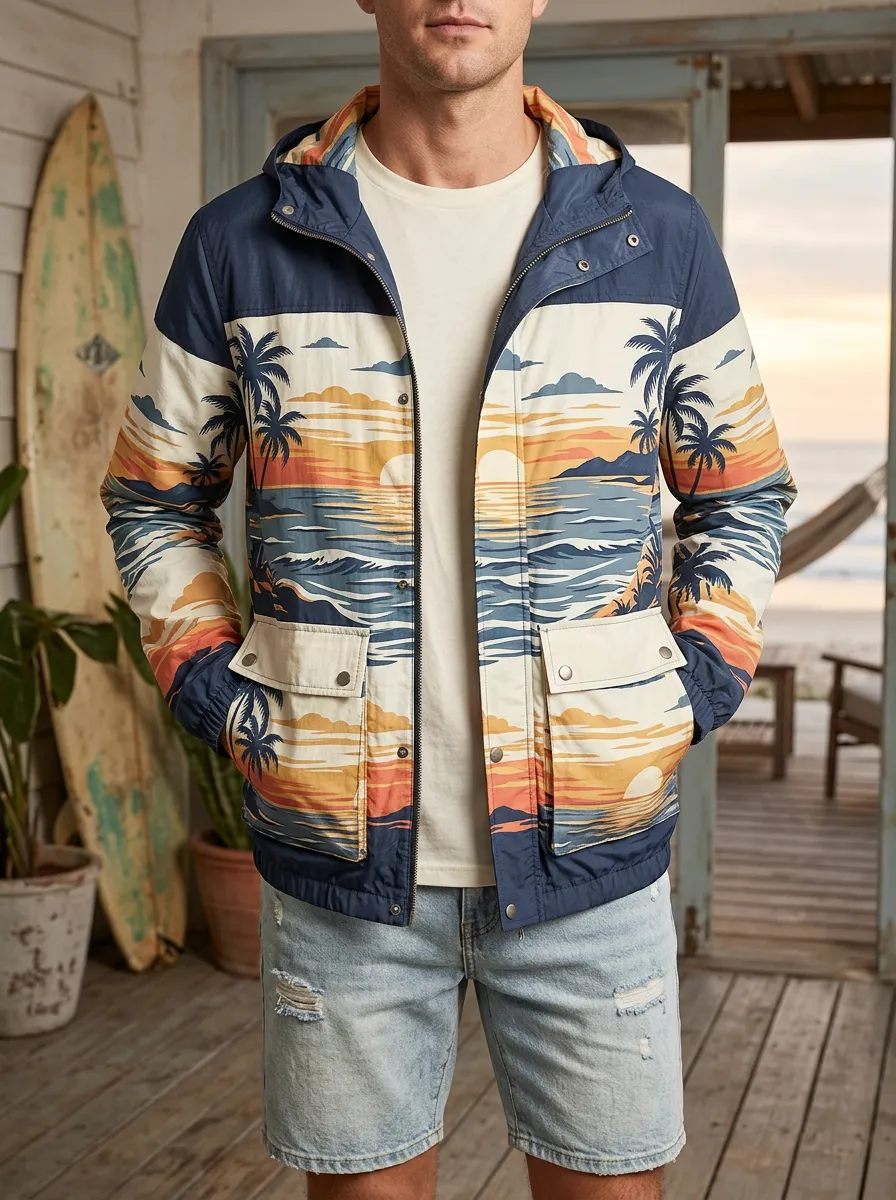 Men's Tropical Beach Sunset Palm Tree Relaxed Escape Jacket