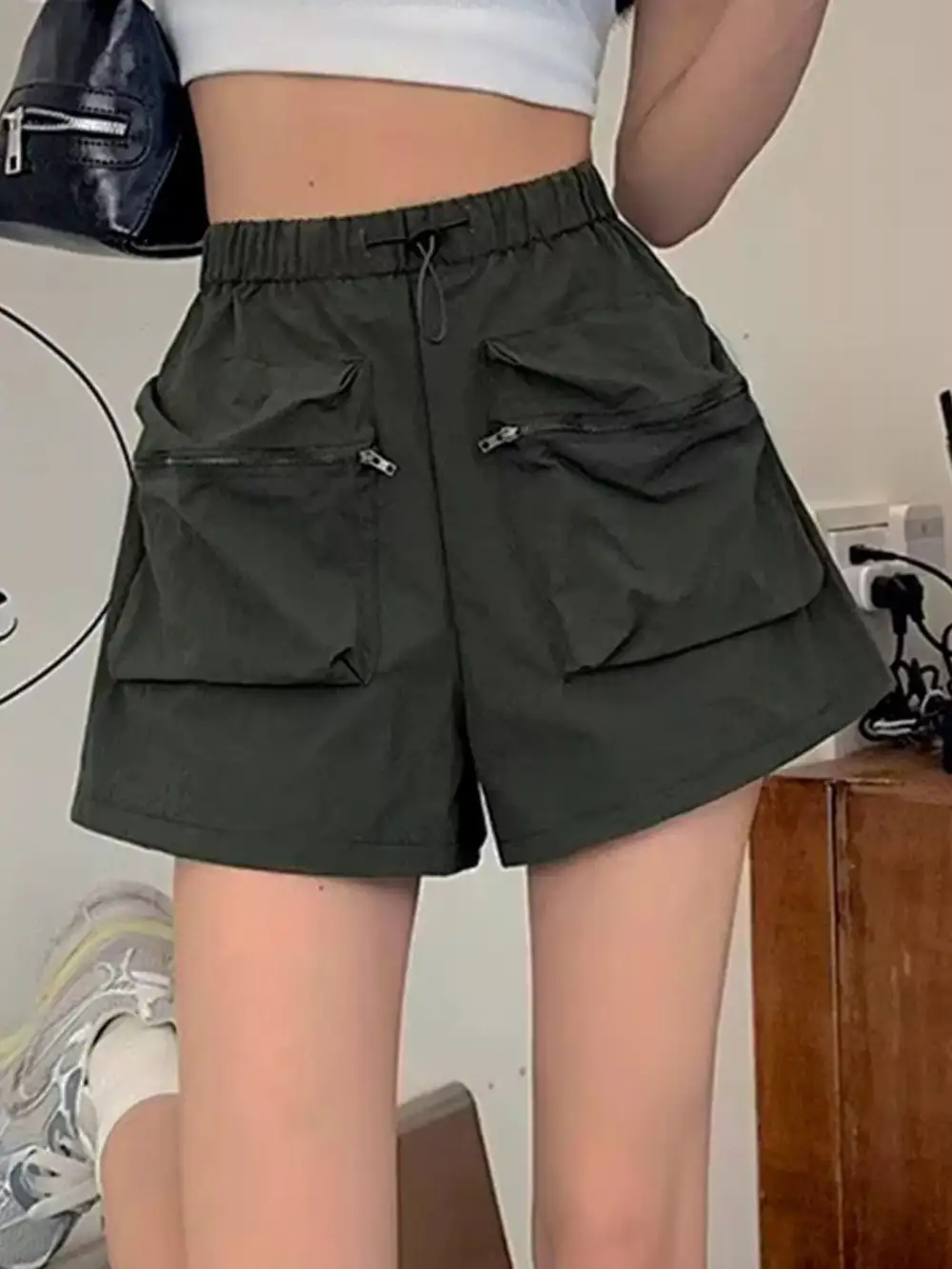 High-Waist Drawstring Cargo Shorts