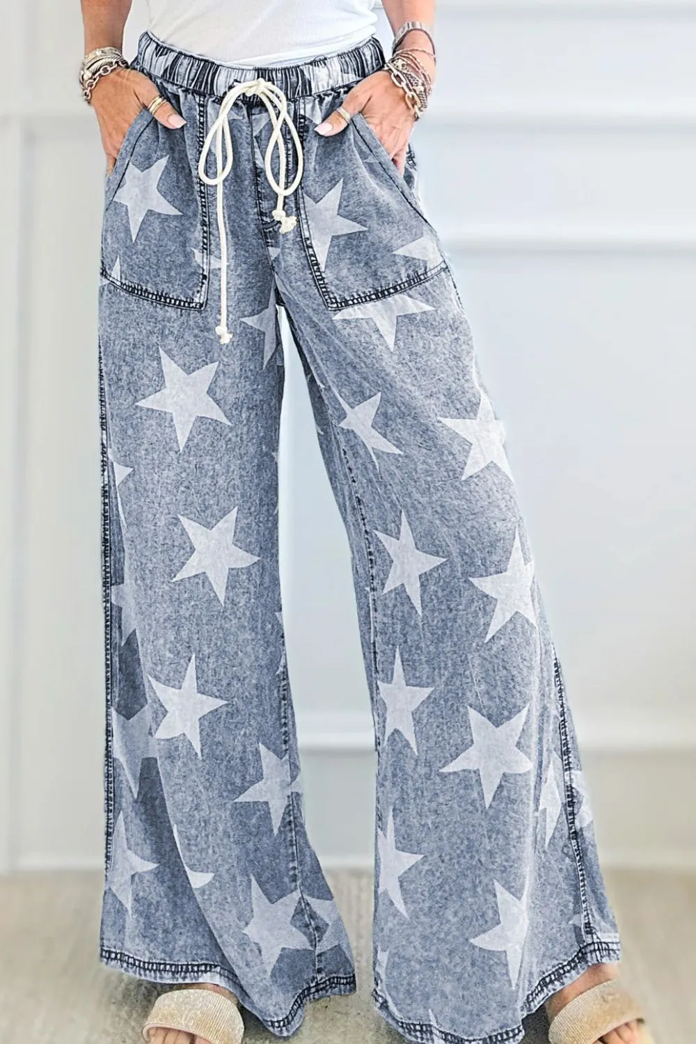 Star Print Washed Drawstring High Waist Pants