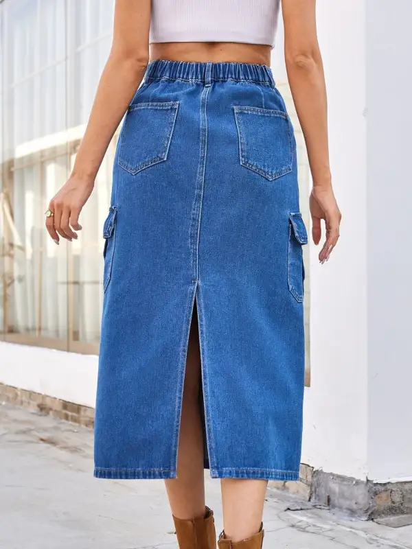 Slit Midi Denim Pockets Skirt