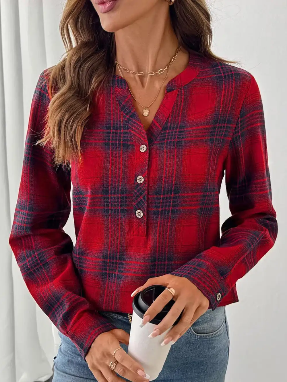 V Neck Plaid Button Shirt