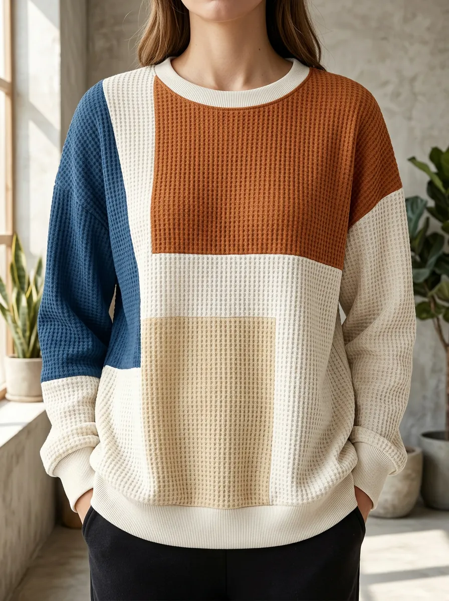 Women's Colorblock Geometric Pattern Textured Waffle Knit Crewneck Sweatshirt