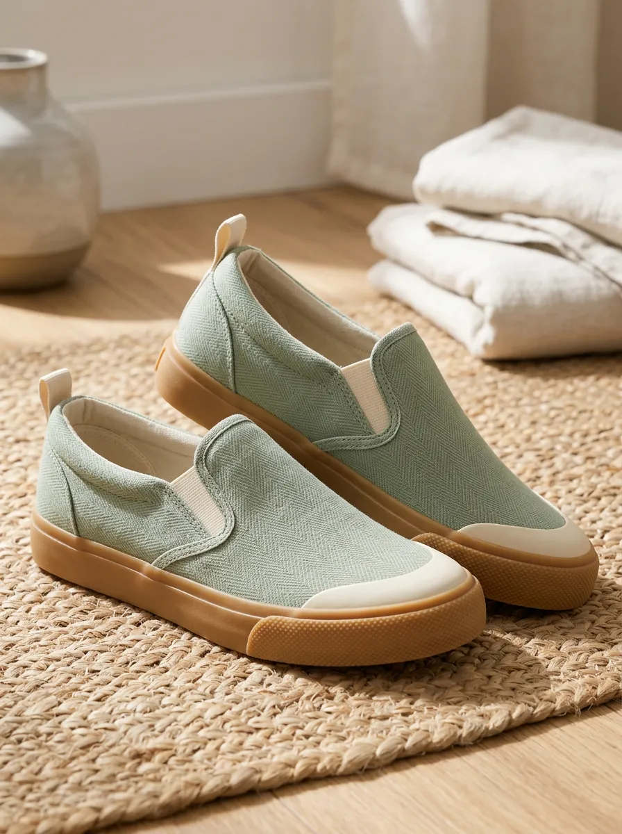 Women's Casual Sage Green Herringbone Pattern Printed Slip-on Shoes
