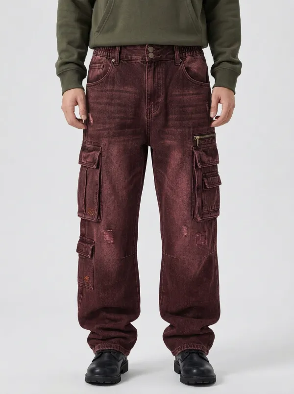 Men's Washed Black Multi-Pocket Double Button Waist Cargo Pants