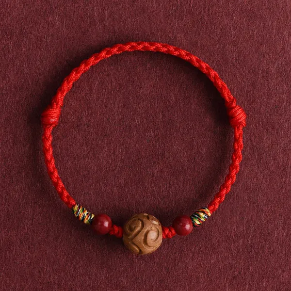 Carved Pattern Natural Peach Wood Rope Bracelet