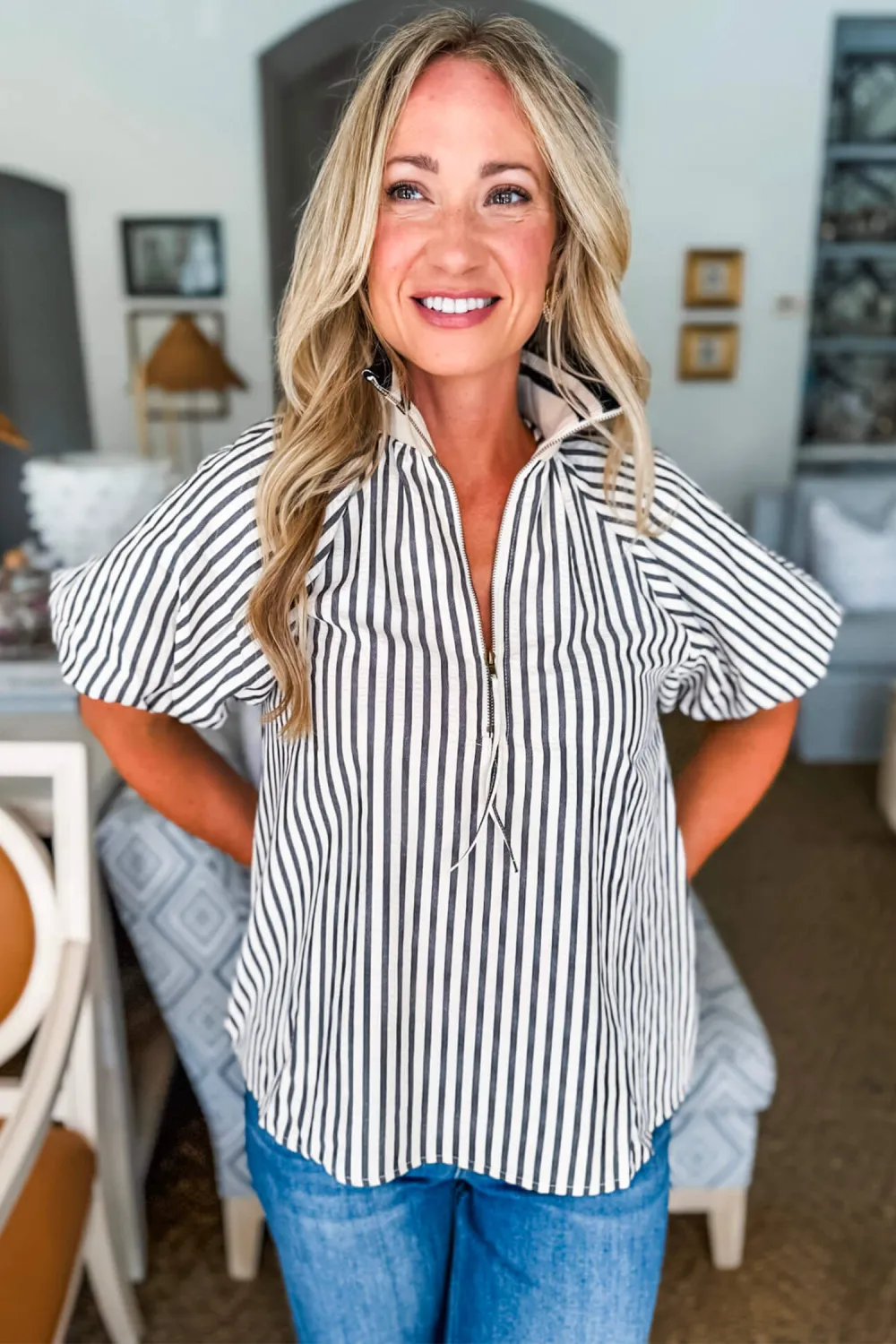 Black Stripe Polo Collar Half Sleeve Blouse