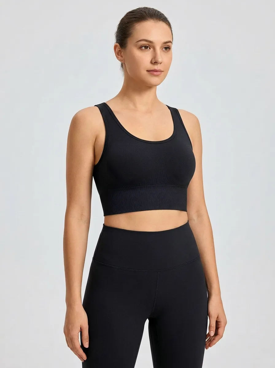 Women's Scoop-Neck Ribbed Seamless Wide-Strap Wide-Band Moderate-Coverage Sports Bra
